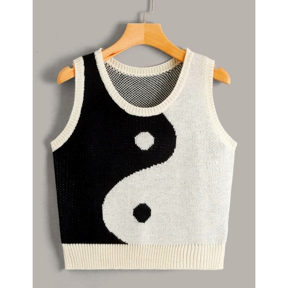 Y2K 90s Yin Yang Style Sweater Vest Black White Sleeveless Round Neck S, M, XL - Picture 1 of 6